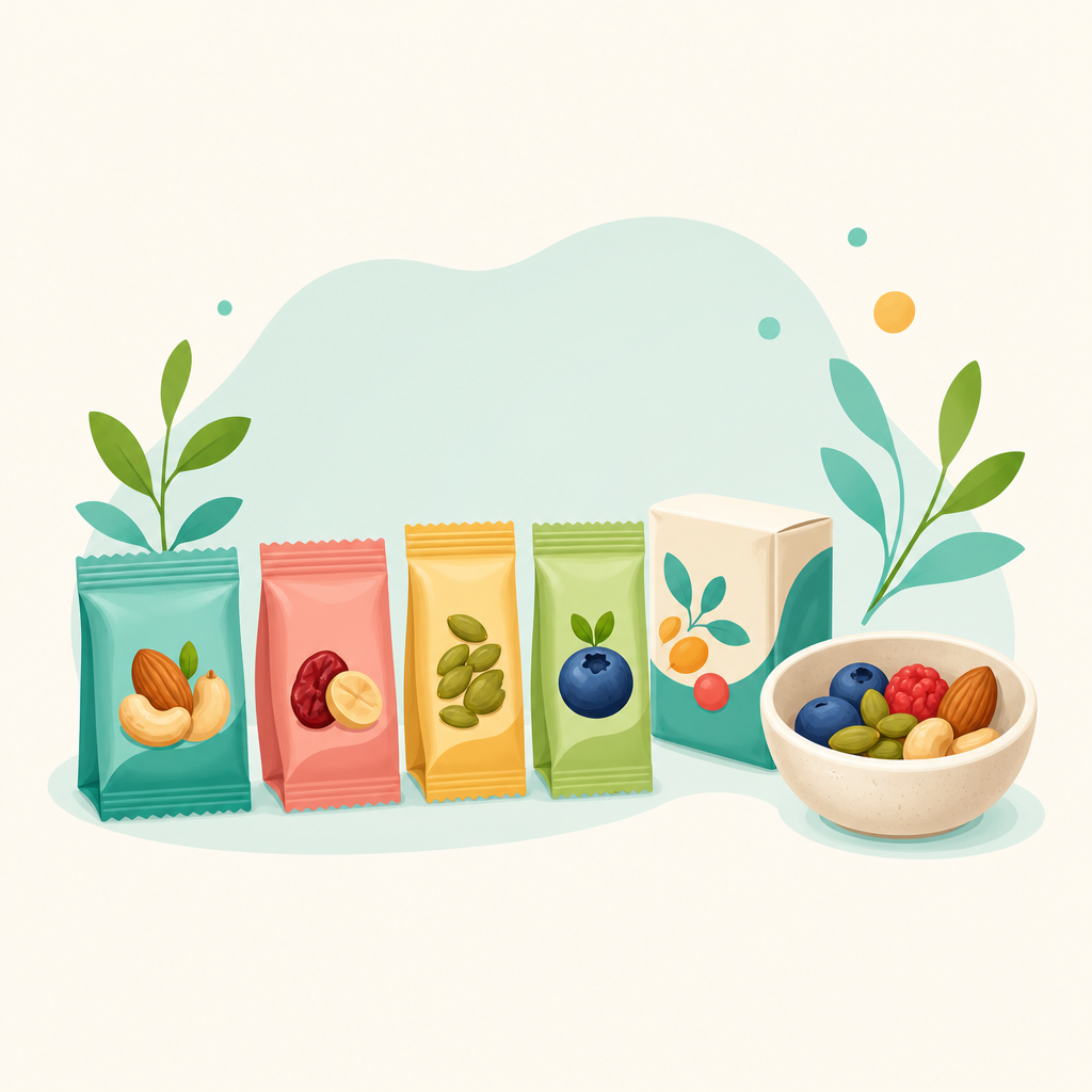 소포장·소식을 표현한 일러스트 — 작은 접시의 소량 요리와 미니 스낵팩